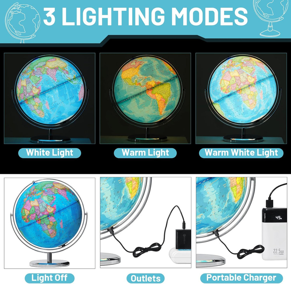 13" Illuminated Globes, 720° Spinning Globe with Touch Switch & Light up without