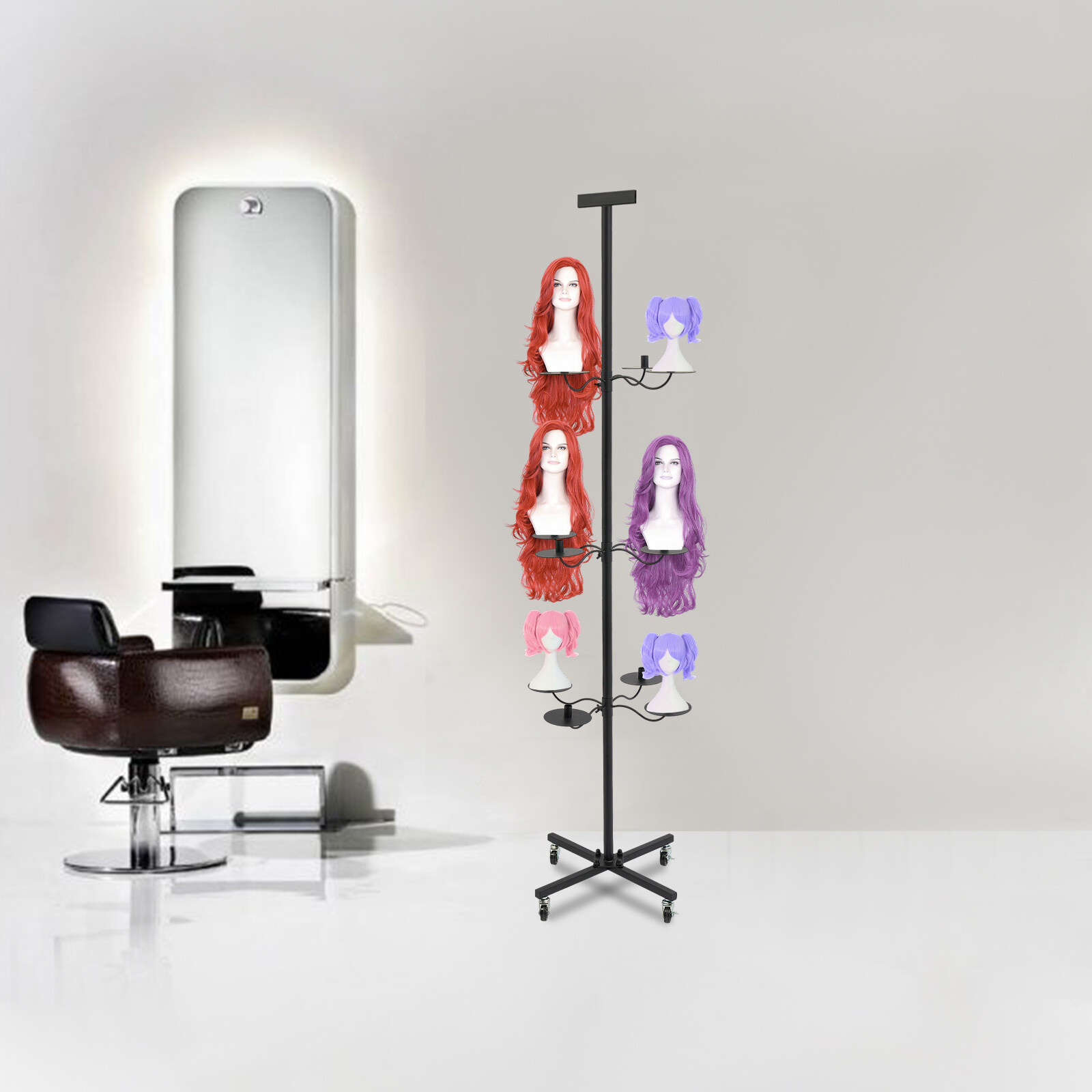 Wig Display&Storage Rack For 12-head Wig Stand W/wheel Styling Wig Storage Black