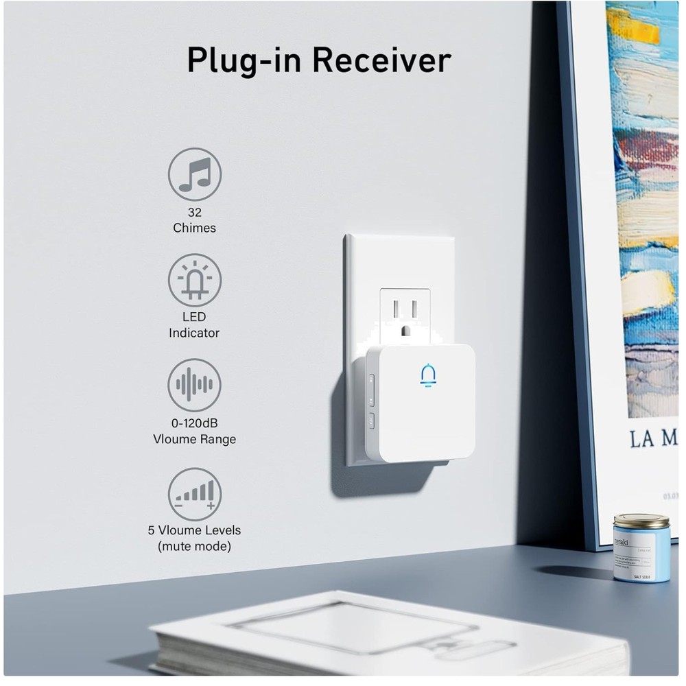Easy Install Wireless Doorbell, Adjustable Volume, White