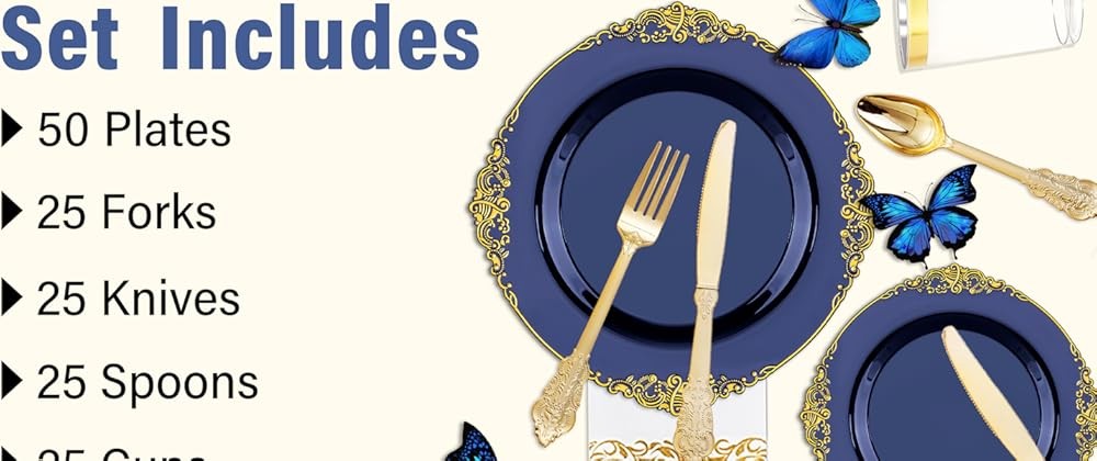Blue Plastic Plates - Blue Gold Plastic Dinnerware Set Disposable