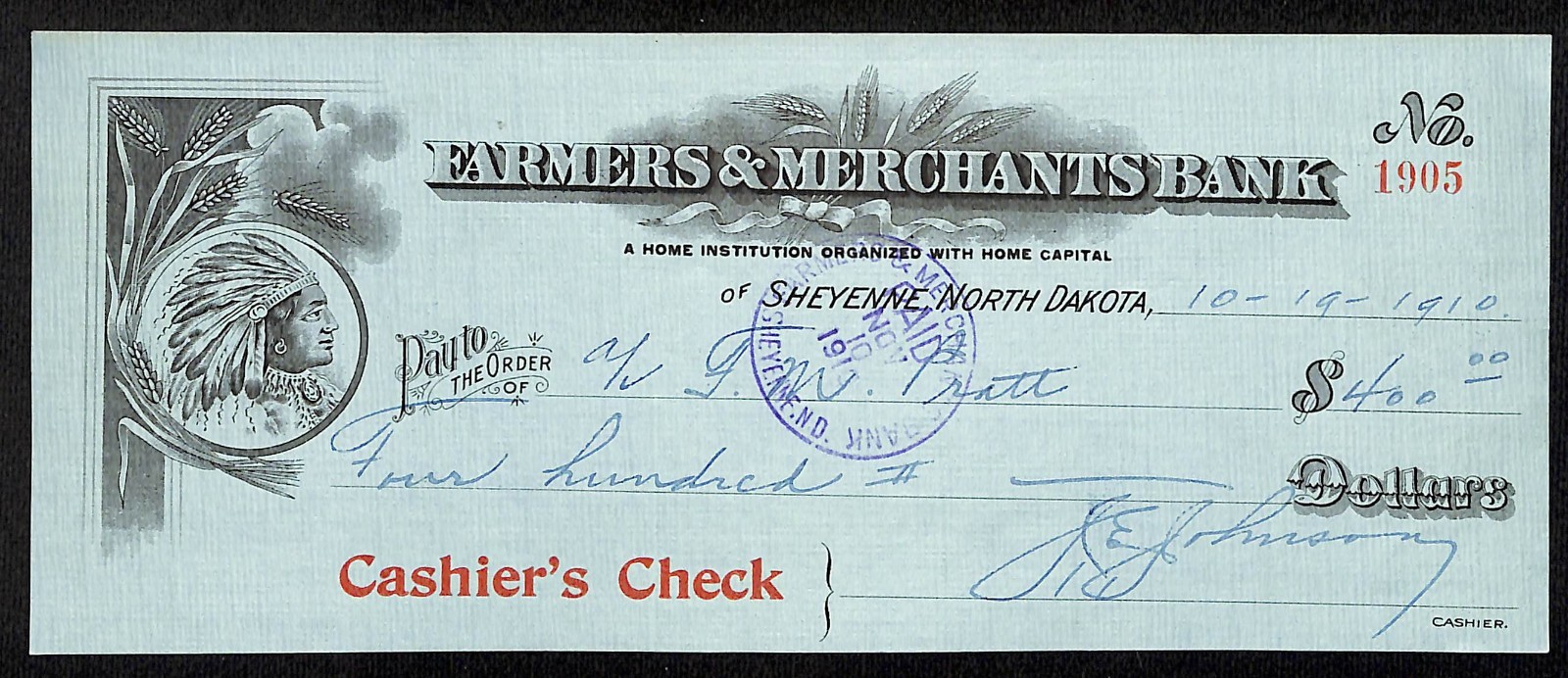1910 Farmers & Merchants Bank  Sheyenne, ND Cashier's Check w/ Vignette