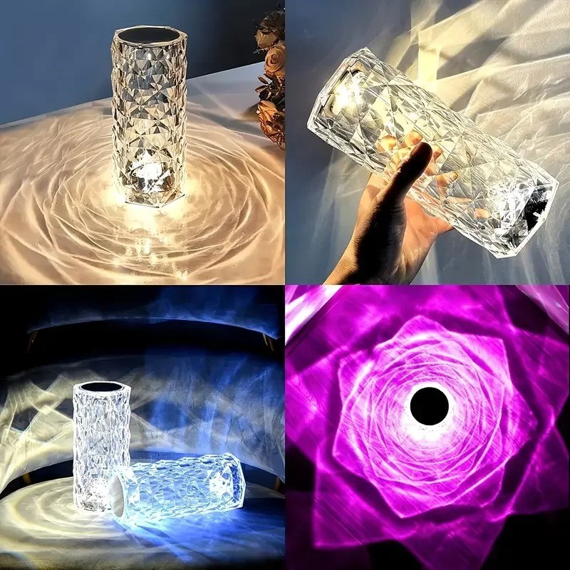 LED Crystal Rose Table Lamp Dimmable Touch Night Light USB Rechargeable