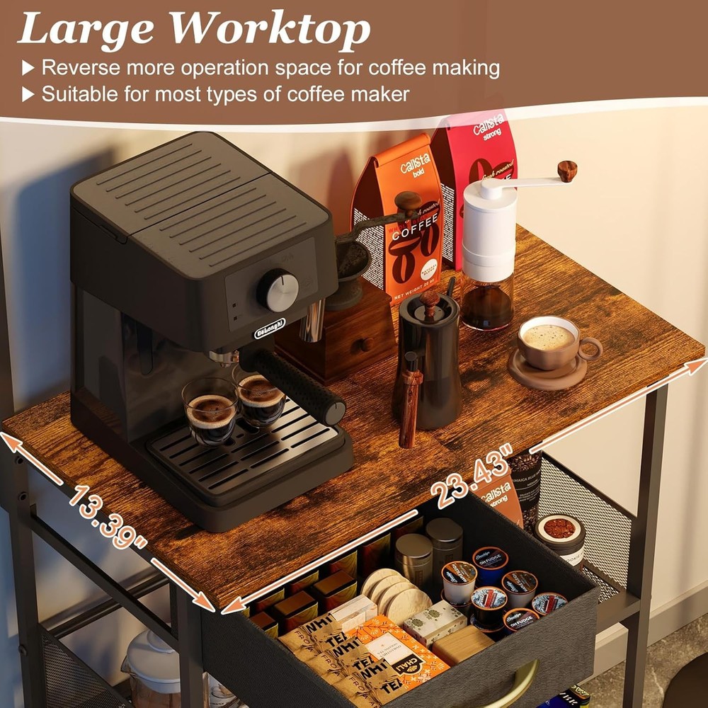 Coffee Bar Stand Station W/ Storage Drawer Extended Worktop Coffee Table