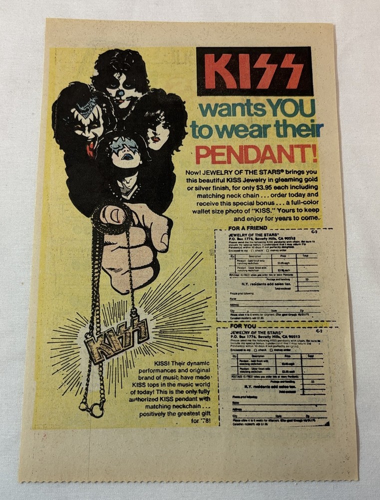 1978 KISS cartoon ad page ~ KISS WANTS YOU TO WEAR THEIR PENDANT