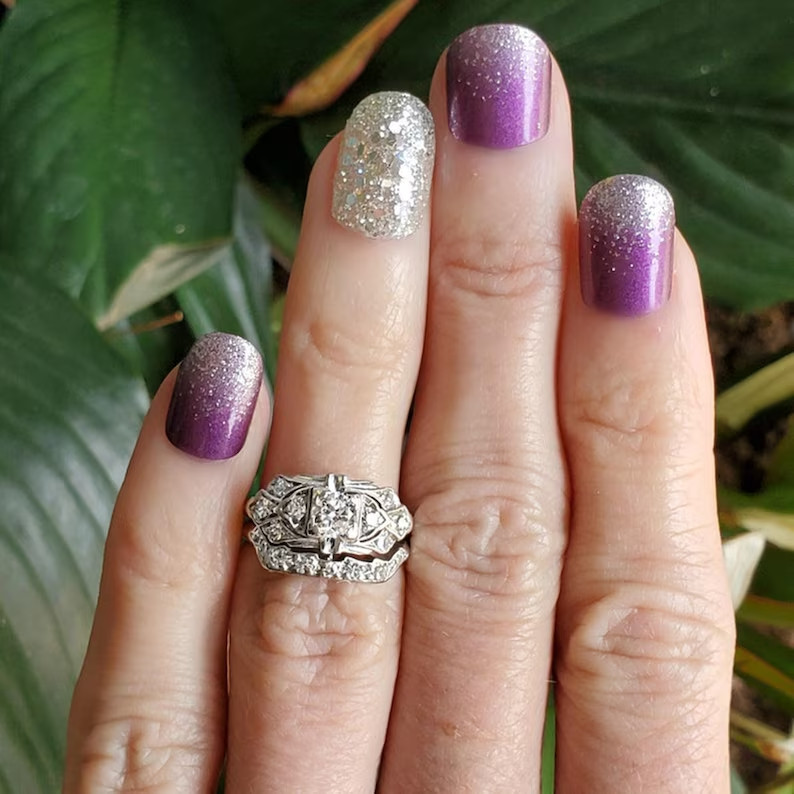 Art Deco Style Lab Created Diamond 14K White Gold FN Engagement Bridal Ring Set