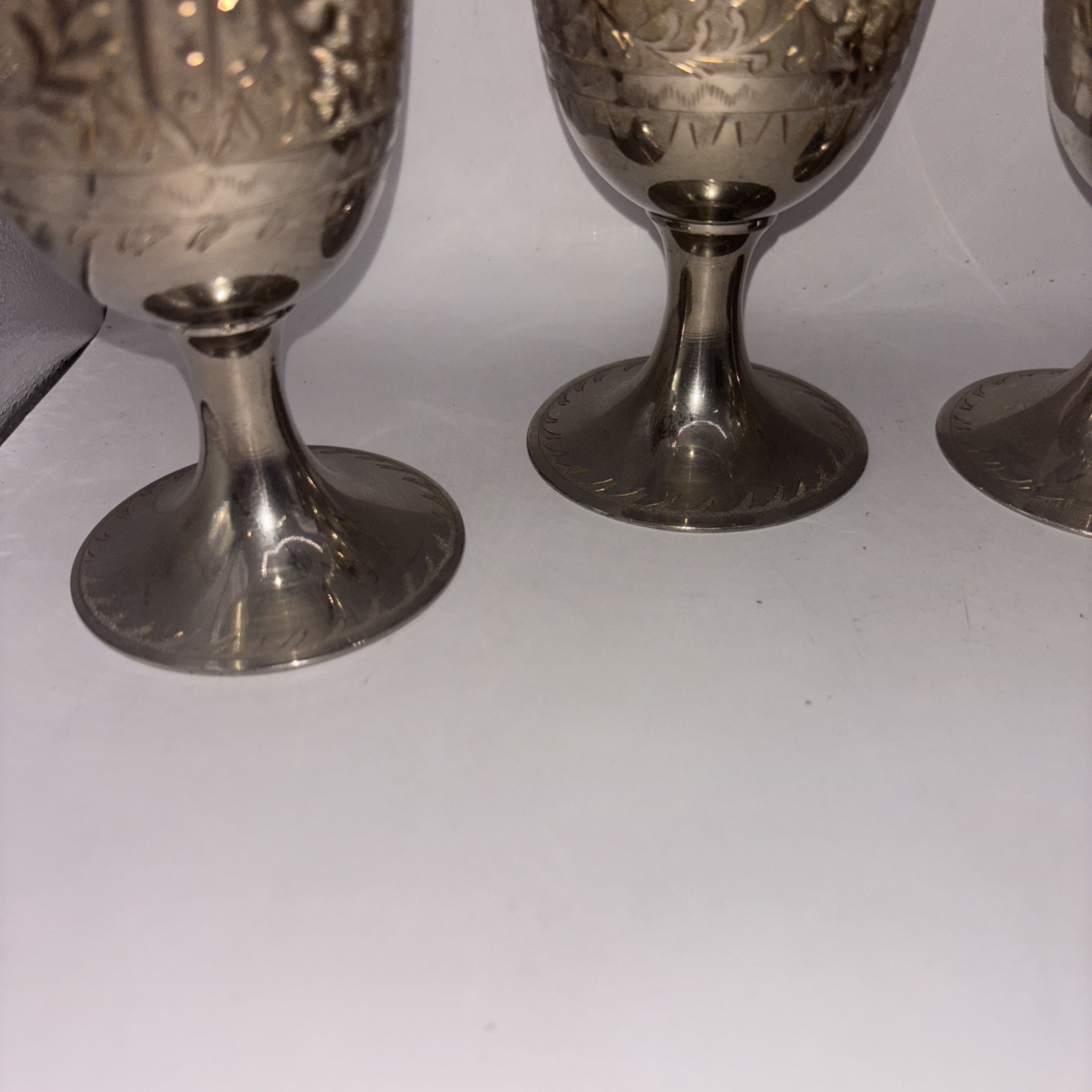 4 ZY India Modern Vine Heavy Wine Goblet Silver Plated 7” Etched Engraved