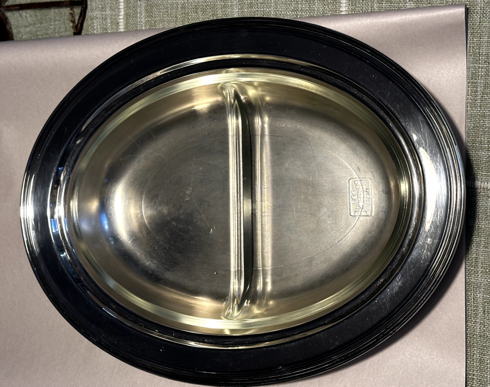 Silverplate Serving Bowl with GlasBake 558 Two-compartment Insert 11 1/2" Oval