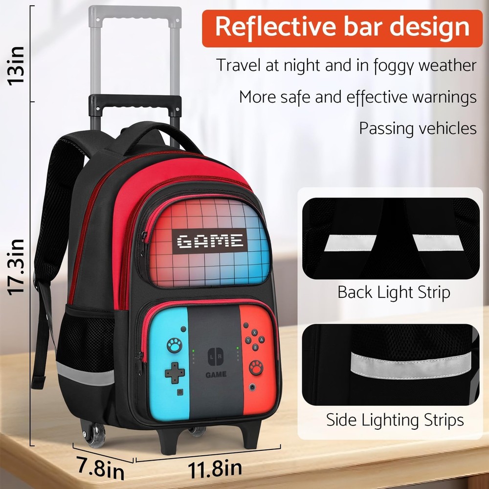 Boys Rolling Backpack for - Gamer Rolling Backpack with Wheels for Elementary...