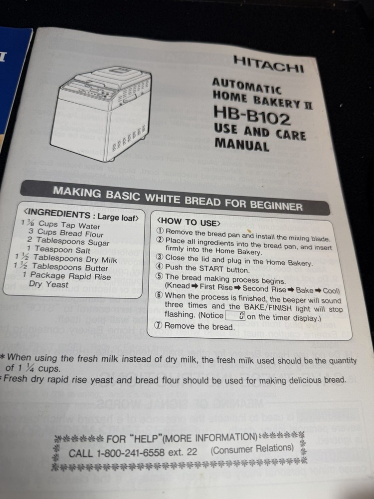 Hitachi Automatic Home Bakery II Bread Machine HB-B102 User Manual & Cookbook