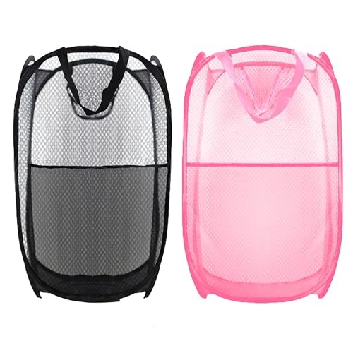Collapsible Pop Up Laundry Hamper, Extra Large Mesh Foldable 2P Black+Pink