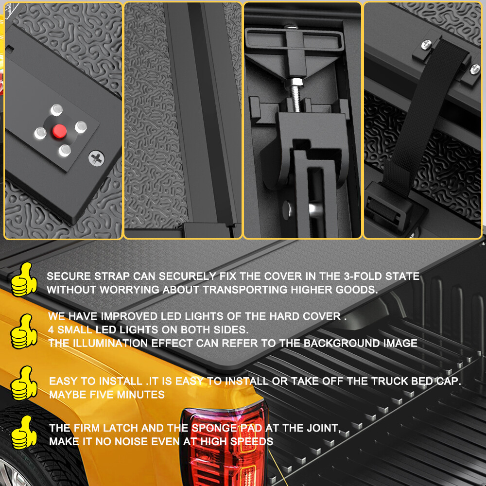 5FT Hard Tonneau Cover For 2019-2025 Ford Ranger Truck Bed Tri-Fold W/LED