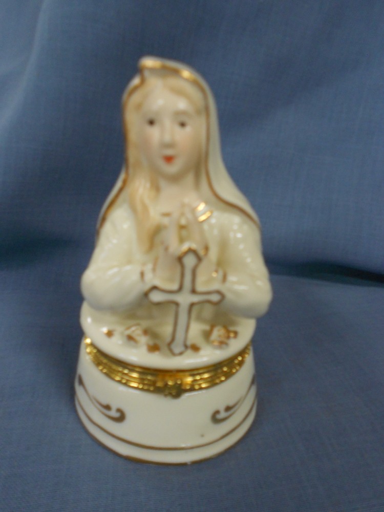 Baum Brothers Mary with Cross Rosary Beads Container 4 inches high