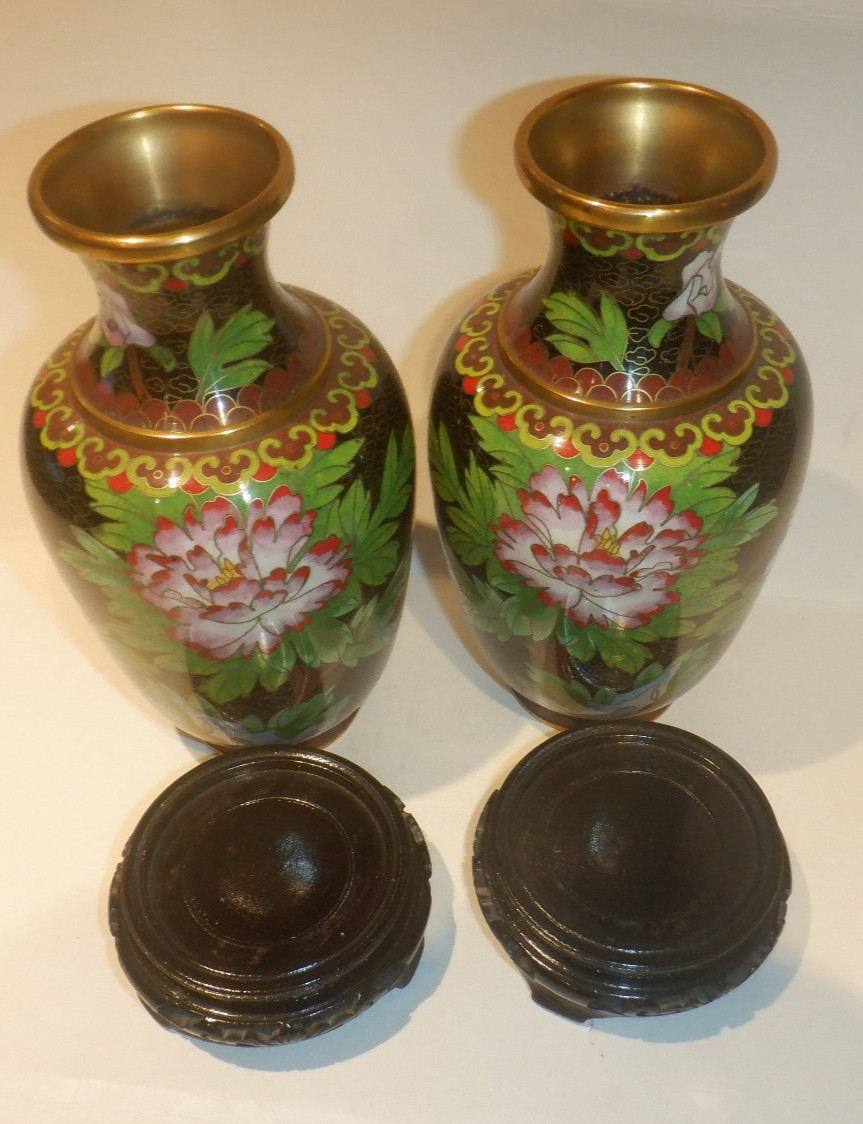 Pair of Vintage Cloisonne' Brass & Enamel Chinese Floral Vases w/Wood Stands