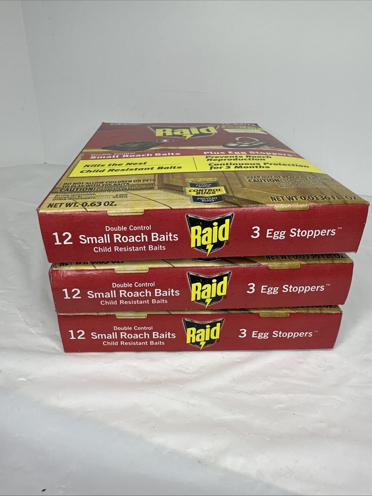 3 pk RAID Small Roach Bait Double Control - 36 Baits PLUS 9 Egg Stoppers