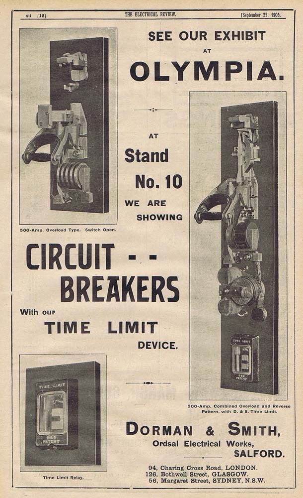 DORMAN & SMITH Salford; Time Limit Circuit Breakers - Old Engineering Print 1905