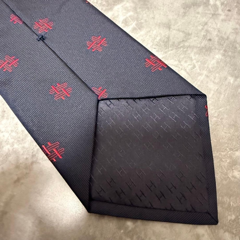 HERMES Tie Navy Fason H Pattern Silk