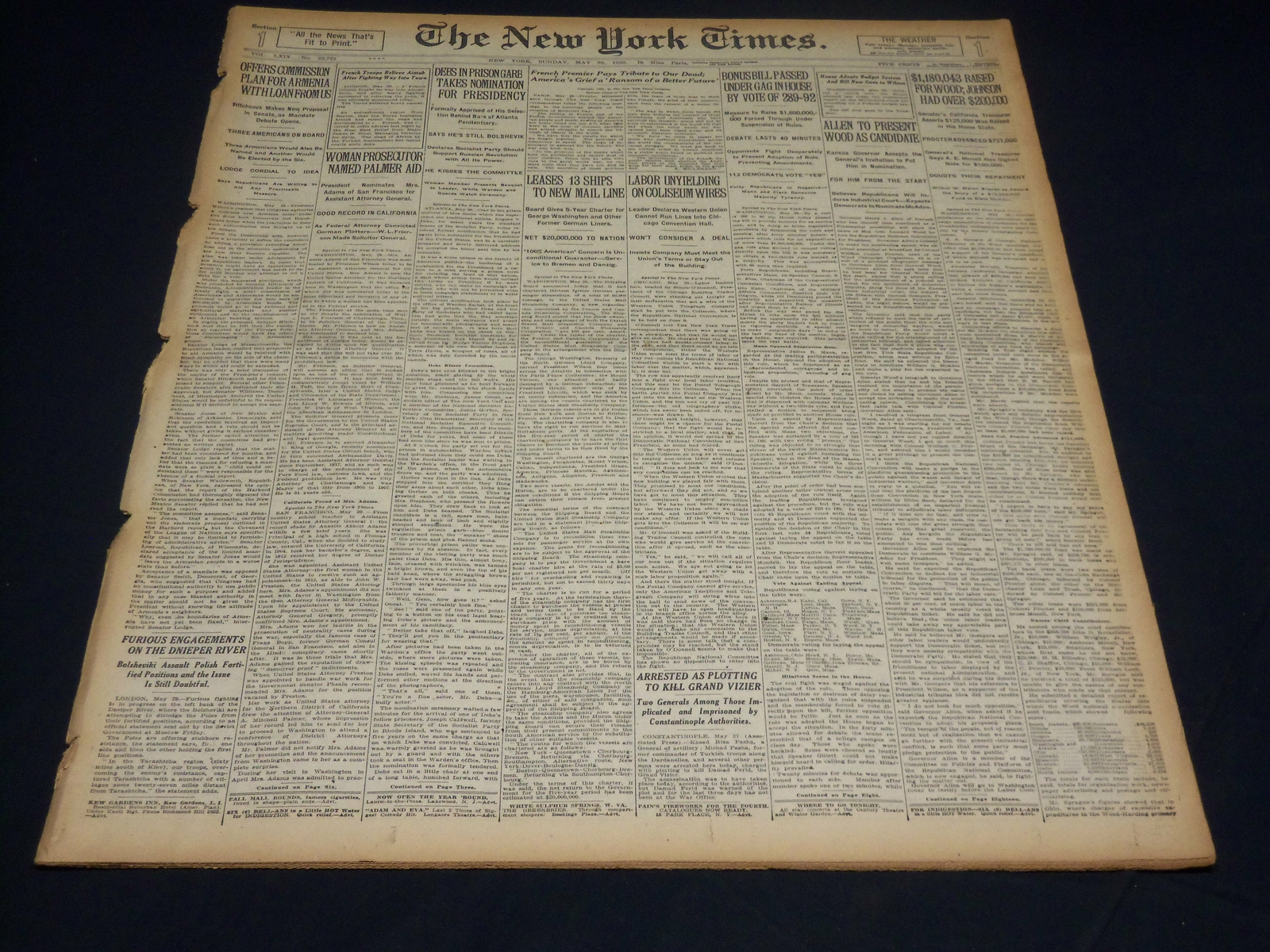 1920 MAY 30 NEW YORK TIMES - DEBS IN PRISON GARB TAKES NOMINATION - NT 8678