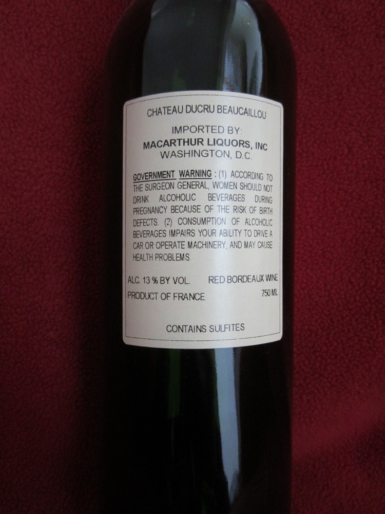 2001 Chateau Ducru Beaucaillou empty winte bottle no cork