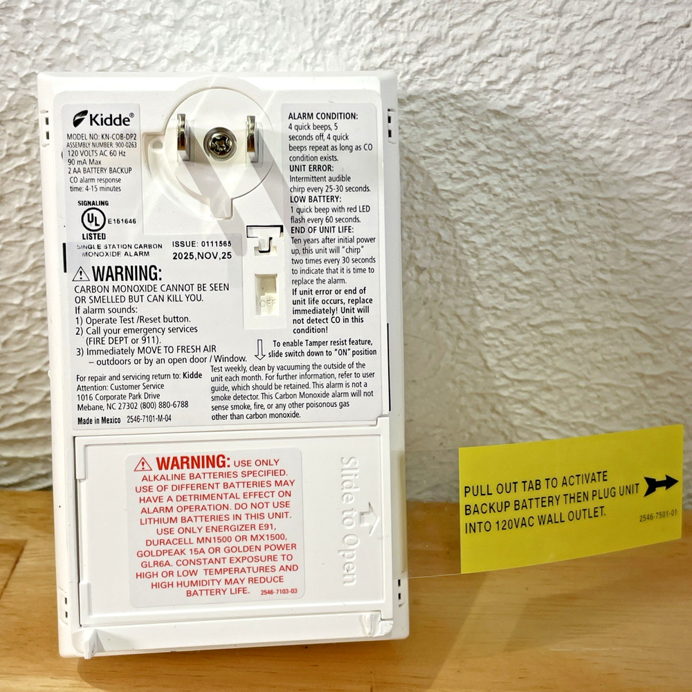 KIDDE CO Alarm Model No. KN-COB-DP2 -- AC Plugin w/ Battery Backup