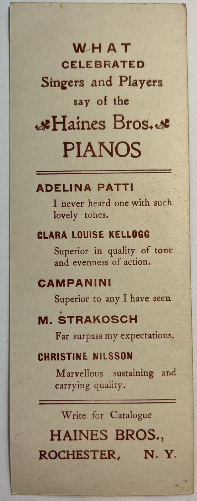 Bookmark Haines Bros Pianos Rochester NY Poughkeepsie AL Rider Bookmark 1880 art