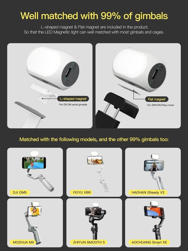 Compact Magnetic Light for DJI Gimbal - Versatile 3 Modes, 10 Brightness Options