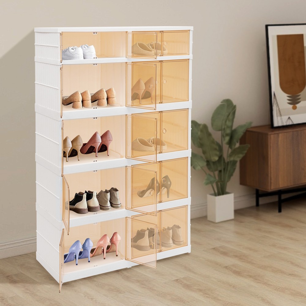 5 Tier Plastic Storage Containers with Doors & Wheels Foldable Organization