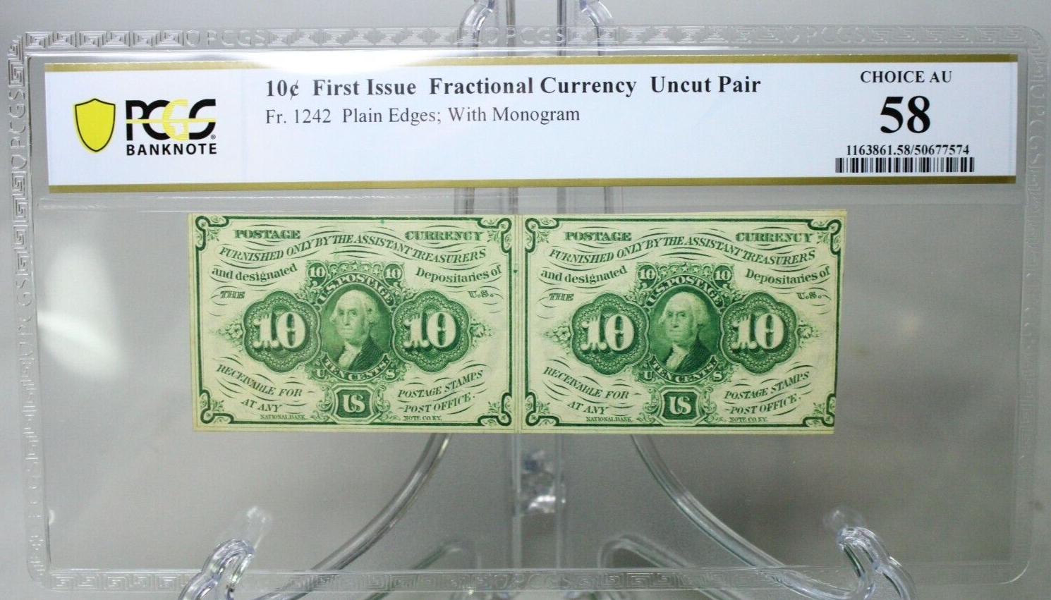 1862 10C First Issue Fractional currency Uncut Pair Fr.1242 PCGS AU58 #7574