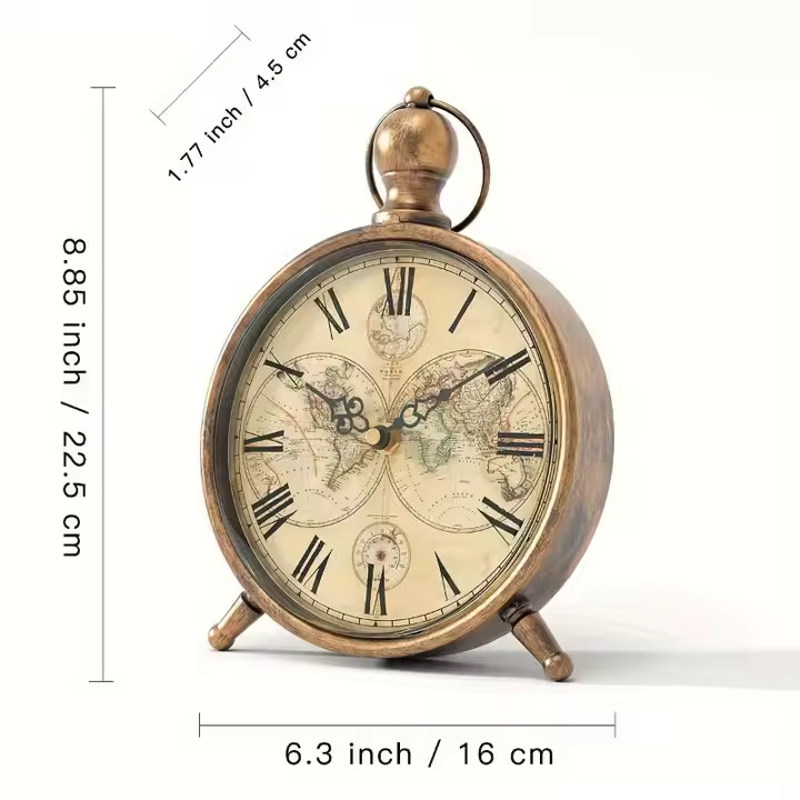Antique/Map-Style Metal Table Clock with Silent Movement