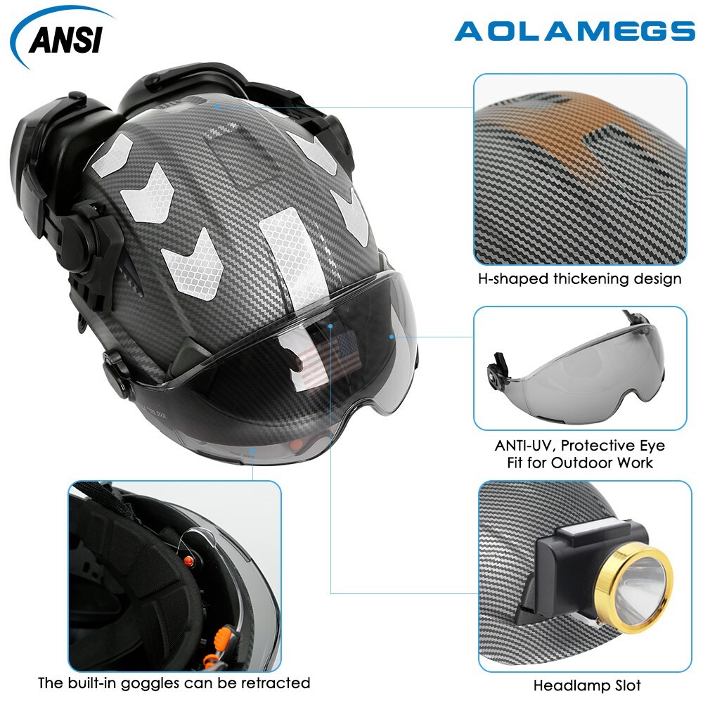 Carbon Fiber Safety Helmet With Build in Visor Earmuffs and Reflective Stickers