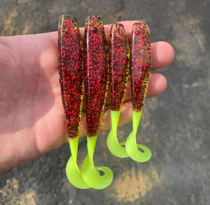 Curly Tail Jerkshad 4 Inch Soft Baits Garlic Watermelon Red Chartreuse