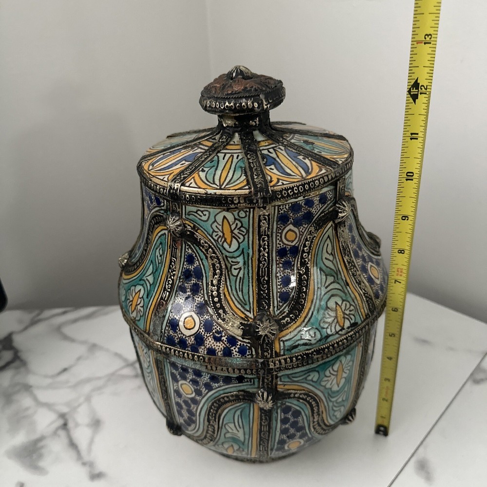 Antique Moroccan Jar With Silver Trim