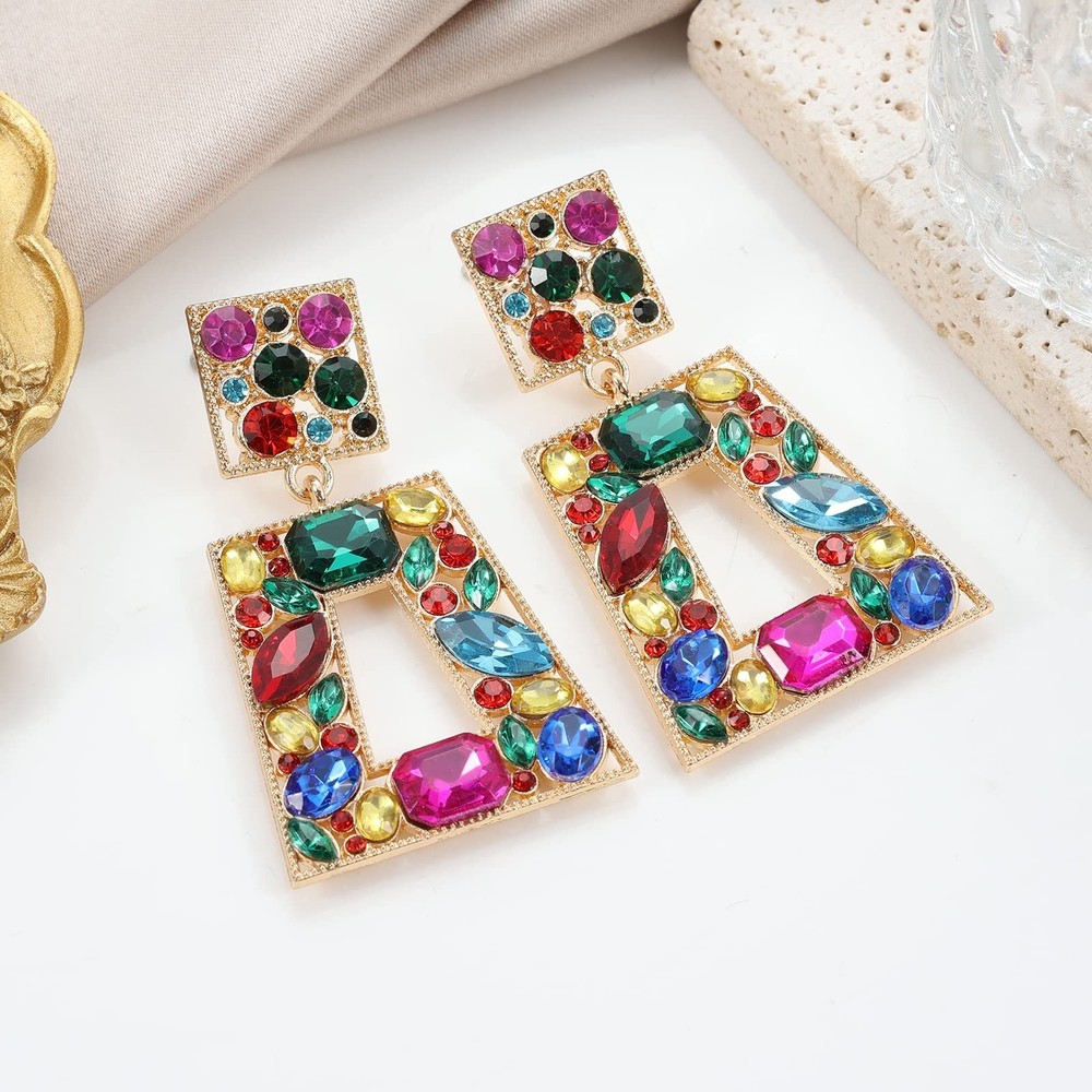 Elegant Rhinestone Rectangle Dangle Earrings Trendy Geometric Drop Statement ...