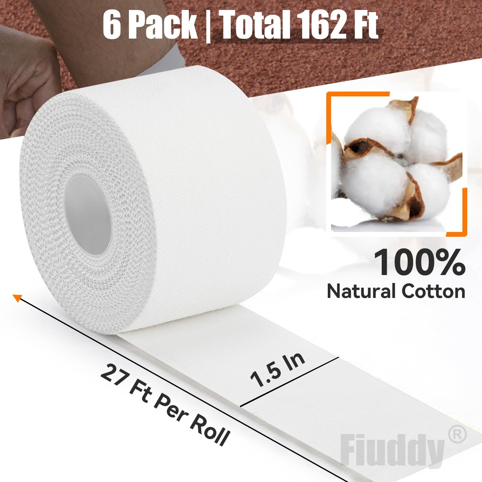 Professional 6 Pack White Athletic Sports Tape-1.5Inch×27 Feet Per Roll,162 Feet