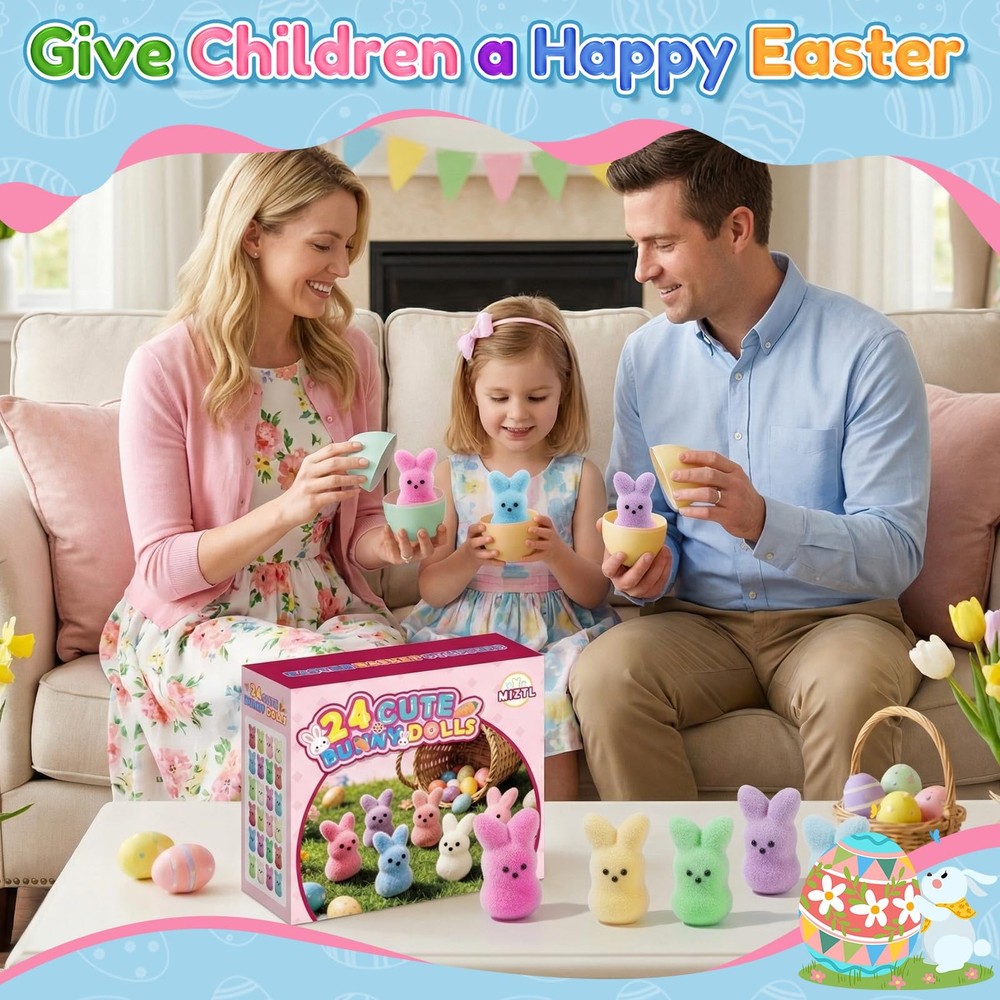 24Pack Mini Flocked Bunny for Easter Basket Stuffers, Easter Egg Fillers for ...