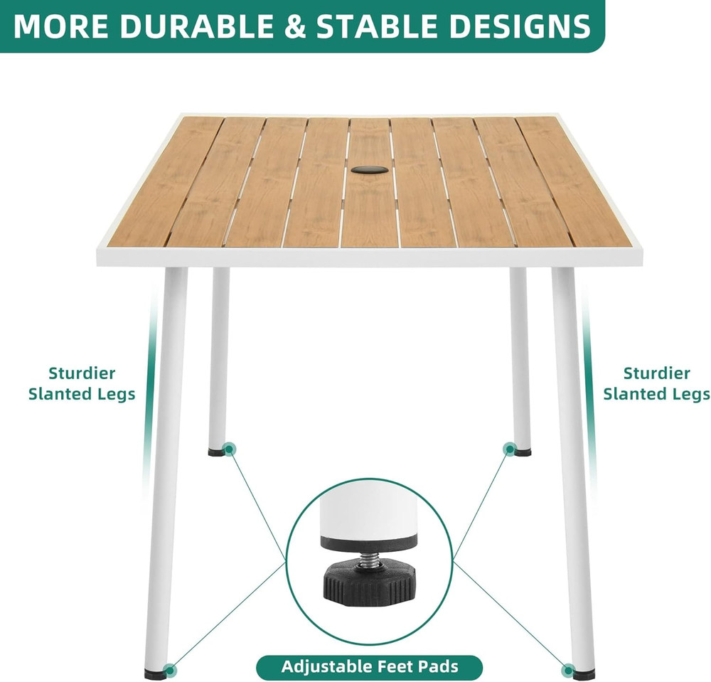 Patio Table Rectangle 59" for 6 Outdoor Table with Umbrella Hole & Adjustable Fe