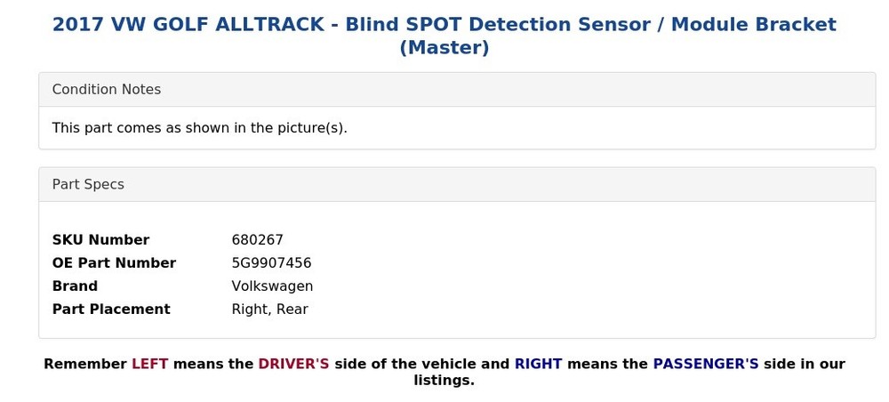 2017 VW GOLF ALLTRACK - Blind SPOT Detection Sensor / Module Bracket (Master)