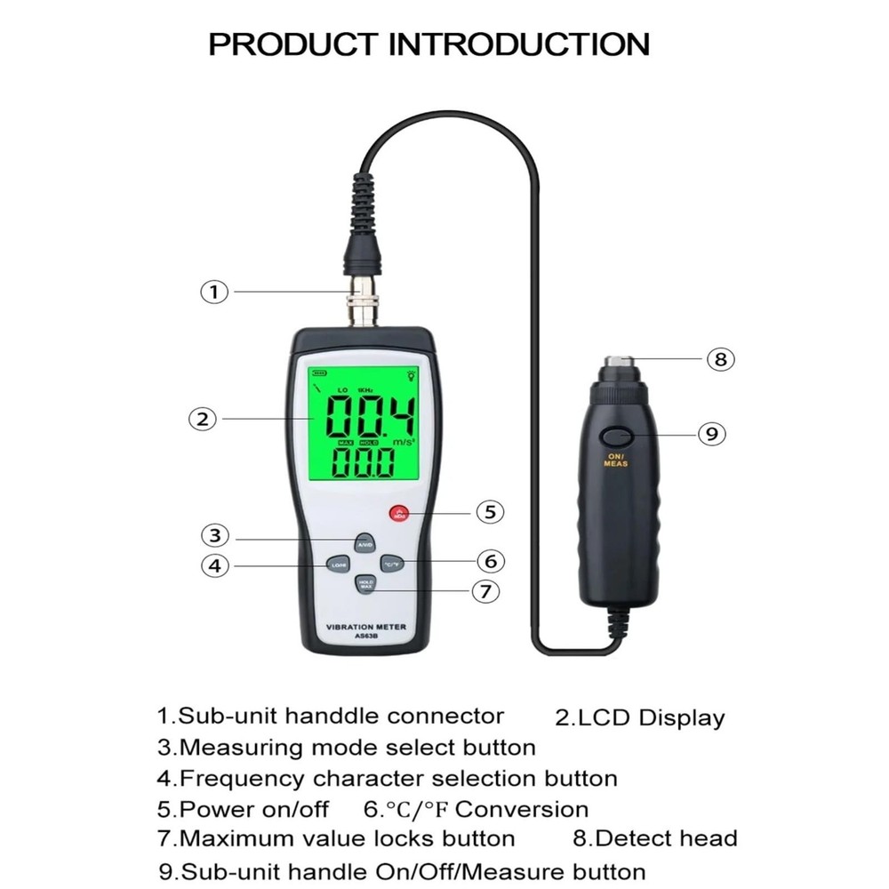 AS63B Portable LCD Vibration Analyzer Tester Meter Vibrometer Gauge Tester An...