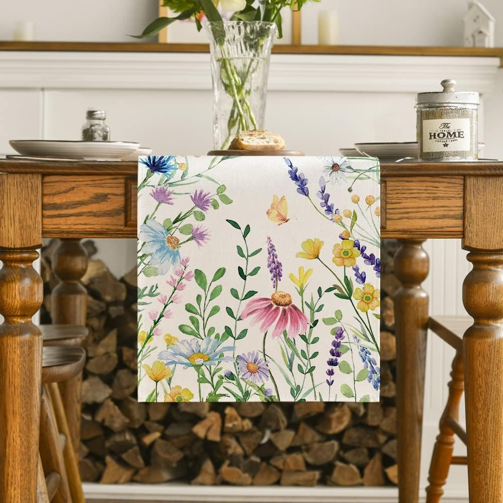 Daisy Eucalyptus Lavender Floral Leaves Summer Table Runner, Spring Kitchen Dini