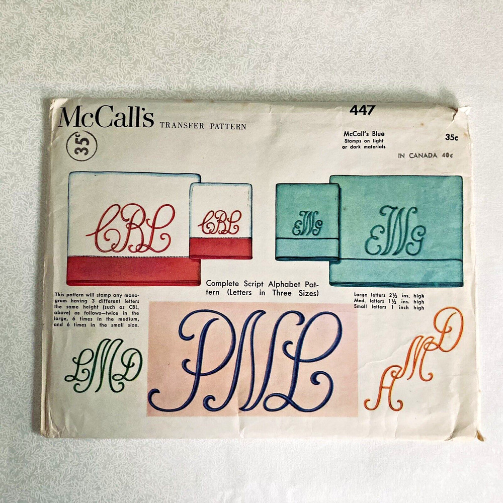1930's Vintage McCalls Transfer Pattern 447 Script Alphabet Monograms Embroidery