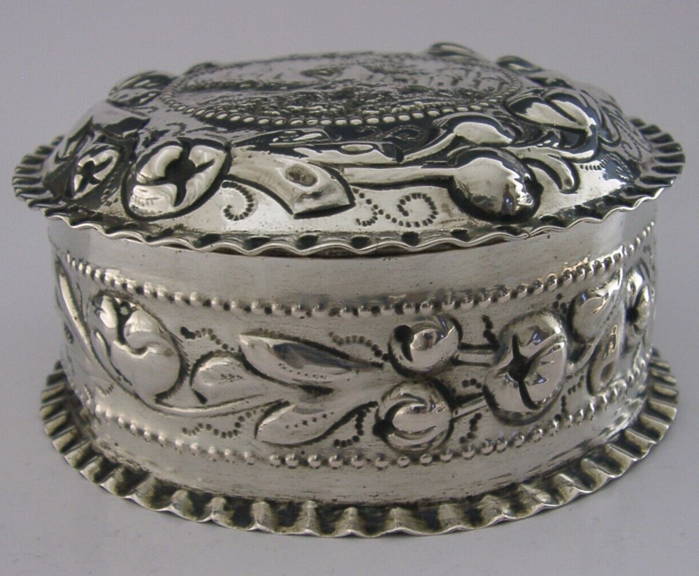 LARGE 196g GERMAN HANAU SOLID SILVER CASTLE TOP TABLE BOX c1900 ANTIQUE