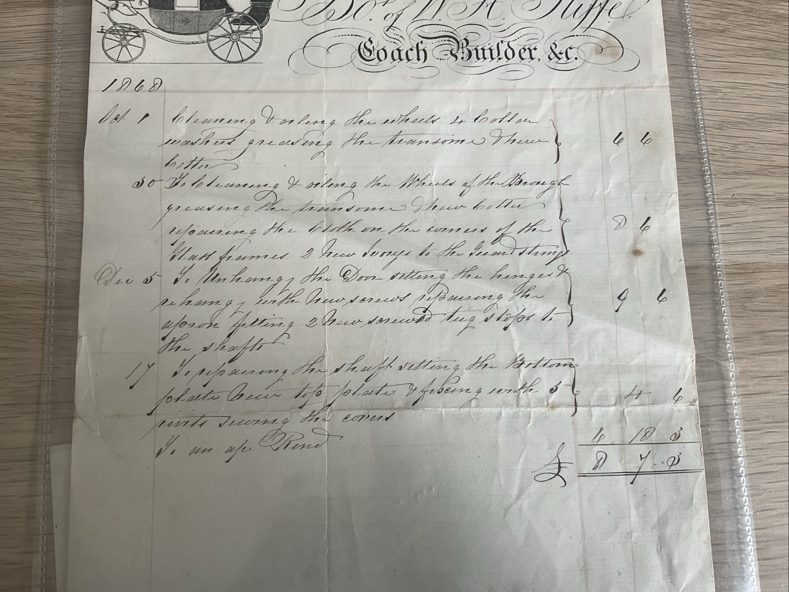 INTERESTING 1868 INVOICE FROM A COACH BUILDER IN BROAD STREET, BIRMINGHAM. LOOK!