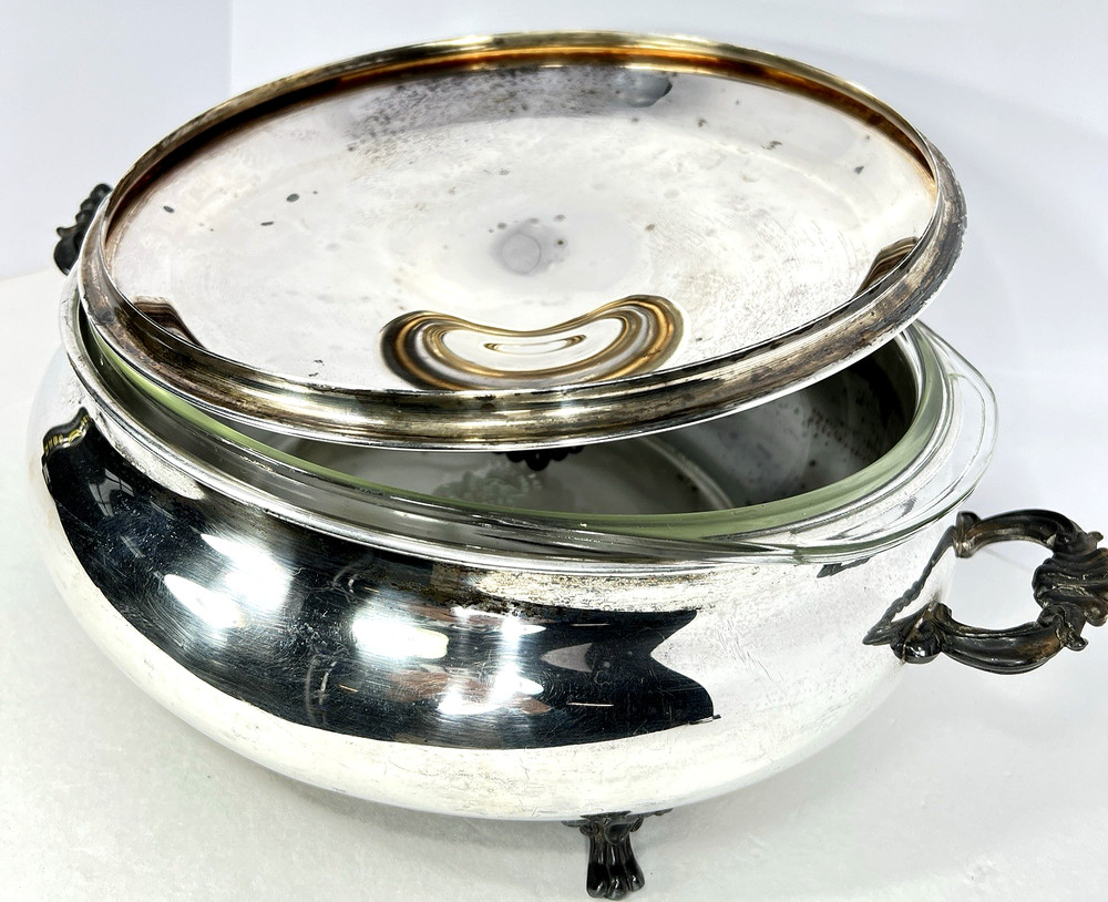 VTG Rogers Silverplate Footed Lidded Casserole Dish & 3.5QT Pyrex Glass Insert