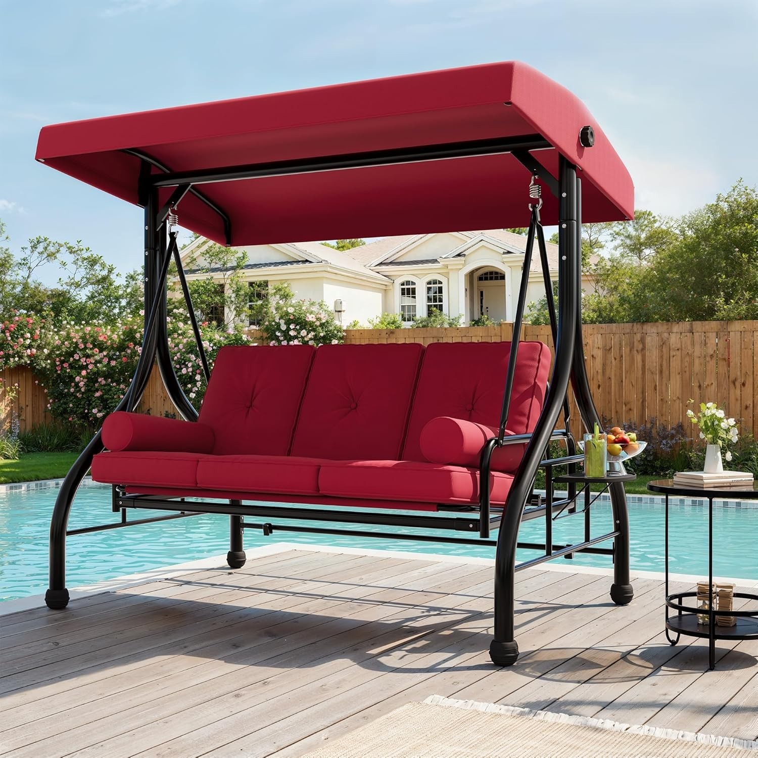 Outdoor Porch Swing with Adjustable Canopy 3-Seat Garden Patio Swing Chair