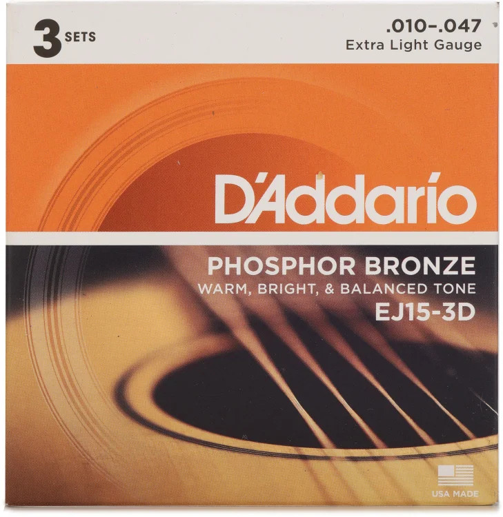 D'Addario EJ15 Phosphor Bronze Extra Light Acoustic Strings 3-Pack