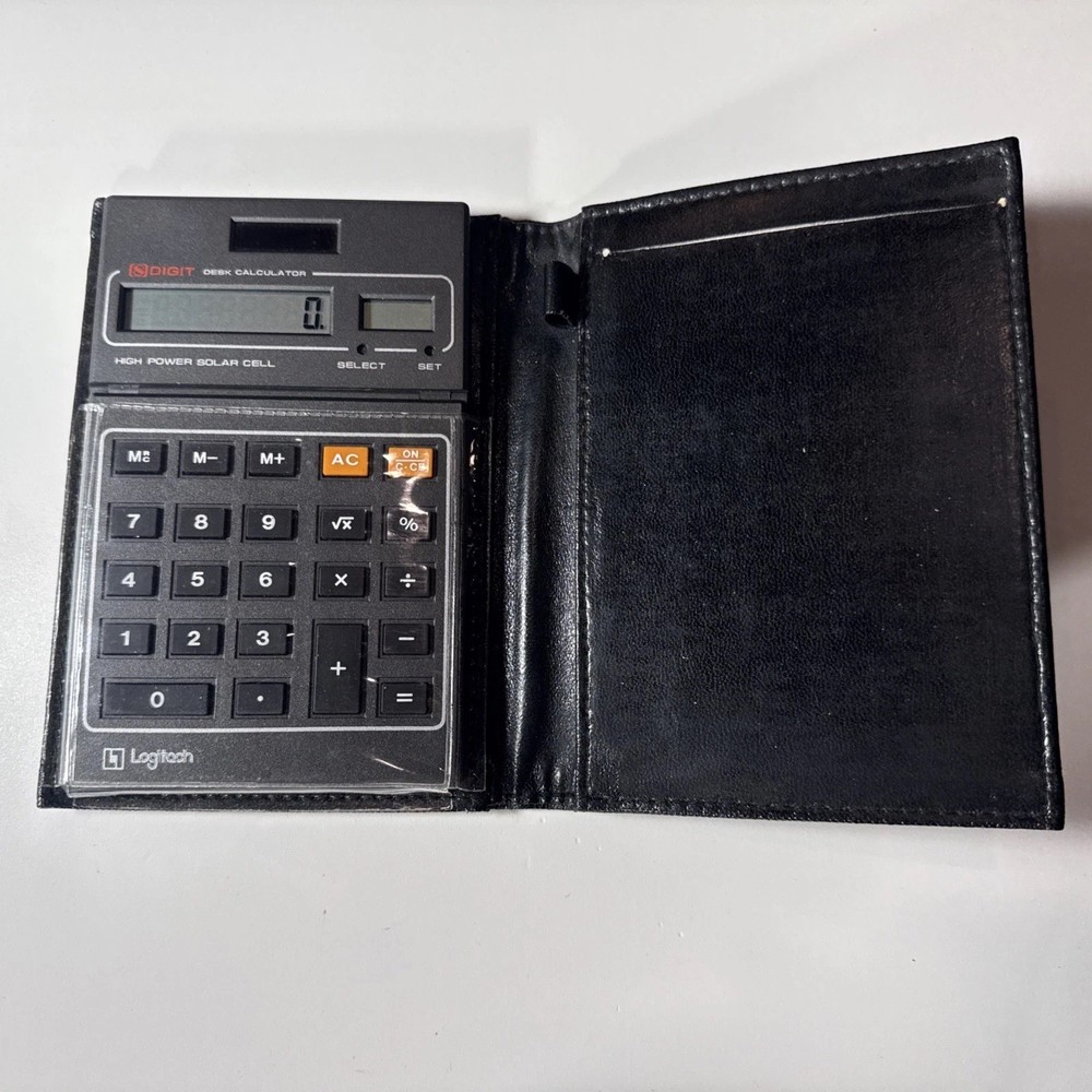Logitech Solar Calculator Adjustable Head Notepad Soft Folding Case Vintage NOS