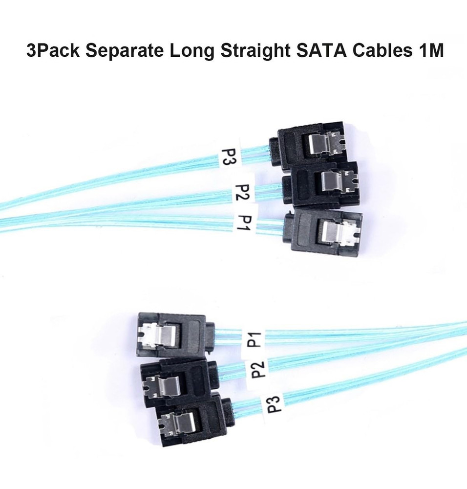 3 Pack Long-Sata-Iii Cable 1M, Thin Flexible Straight SATA 6Gbps Data Cables wit