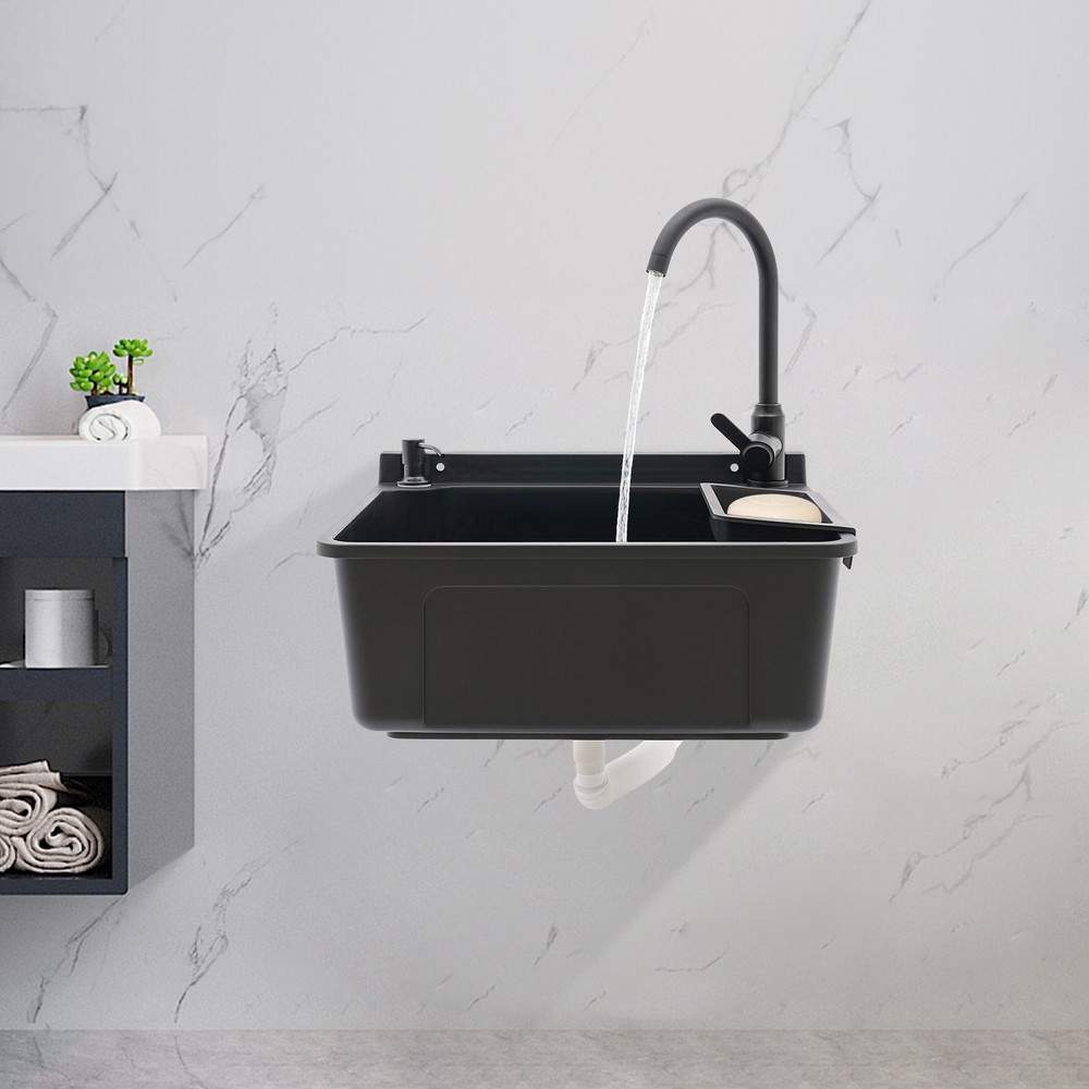 Wall-Mounted Bathroom Sink, Modern Laundry Sink, Rectangular Utility Sink Black