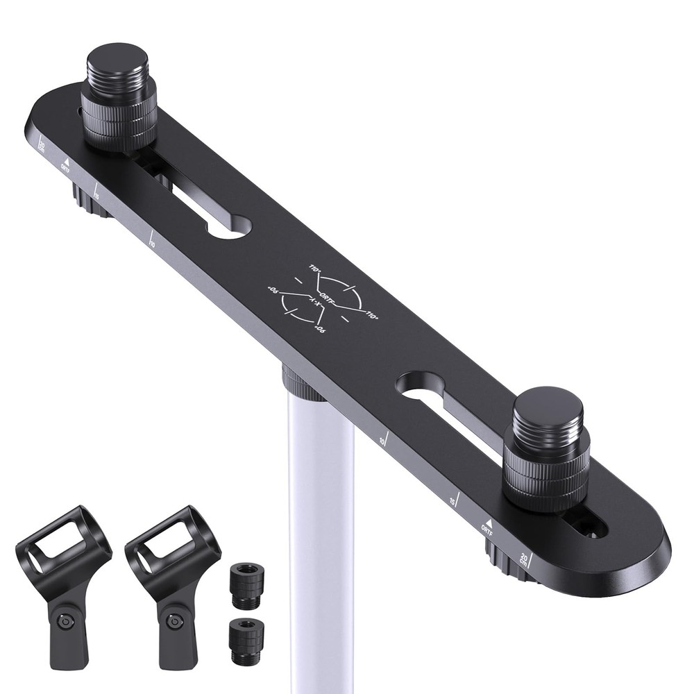 Dual Microphone Stand with Stereo Array Bar, Heavy-Duty Aluminum T-Bar Bracket
