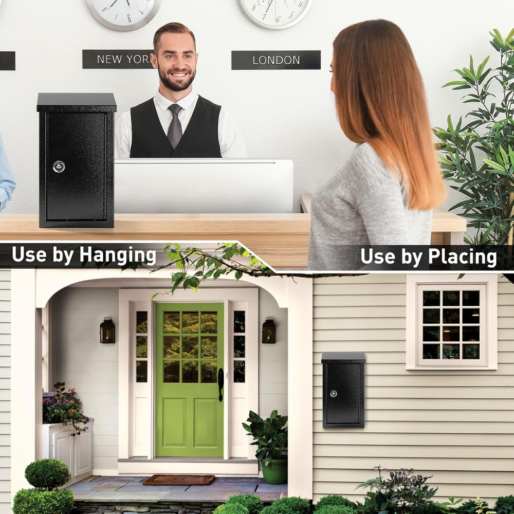Wall Mounted Key Drop Box Locking Metal Mailbox Secure Storage Black