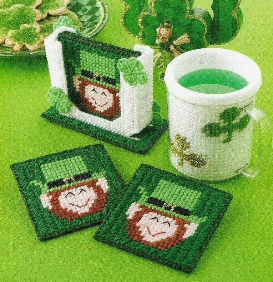 COASTERS & MUG LEPRECHAUN ST PATRICK'S DAY PLASTIC CANVAS PATTERN INSTRUCTIONS